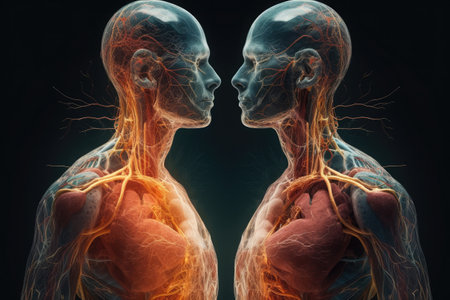 Two spiritual human bodies on dark background. souls connection. created with generative ai Stock Photo