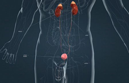 The organs of the urinary system include the kidneys, renal pelvis, ureters, bladder and urethra. the body takes nutrients from food and converts them to energy. 3d illustration Stock Photo